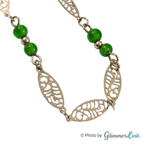 Jewelry - Vintage Filigree Oval Link Green Seed Bead Gold Tone Station Necklace